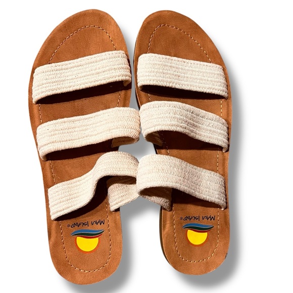 Maui Island Stretch Strappy Slip On Sandals Ivory Cream Buff  Size 7 - 3 Strap - Picture 1 of 5